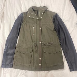 Khaki Army Jacket with Faux Leather Sleeves